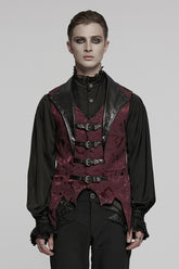 Black/Red Lapel V-neck Sleeveless Jacquard Buckle Men's Gothic Vest